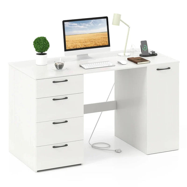 53" Computer Desk with 4 Storage Drawers & Cabinet, Home Office Desk w/ Charging Station, Adjustable Shelf & Cable Management for Study, Makeup